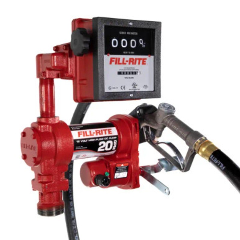 Fill-Rite FR4211H 20 GPM 12V DC High Flow Heavy-Duty Fuel Transfer Pump w/ 1” x 12′ Hose & 1” Manual Nozzle & 901C Gallons Meter