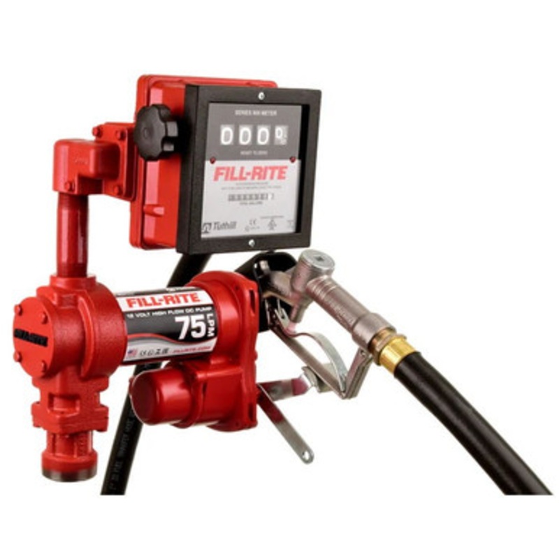 Fill-Rite FR4211HEL 75 LPM 12V DC High Flow Heavy-Duty Fuel Transfer Pump w/ 1” x 12′ Hose & 1” Manual Nozzle & 901L Liter Meter