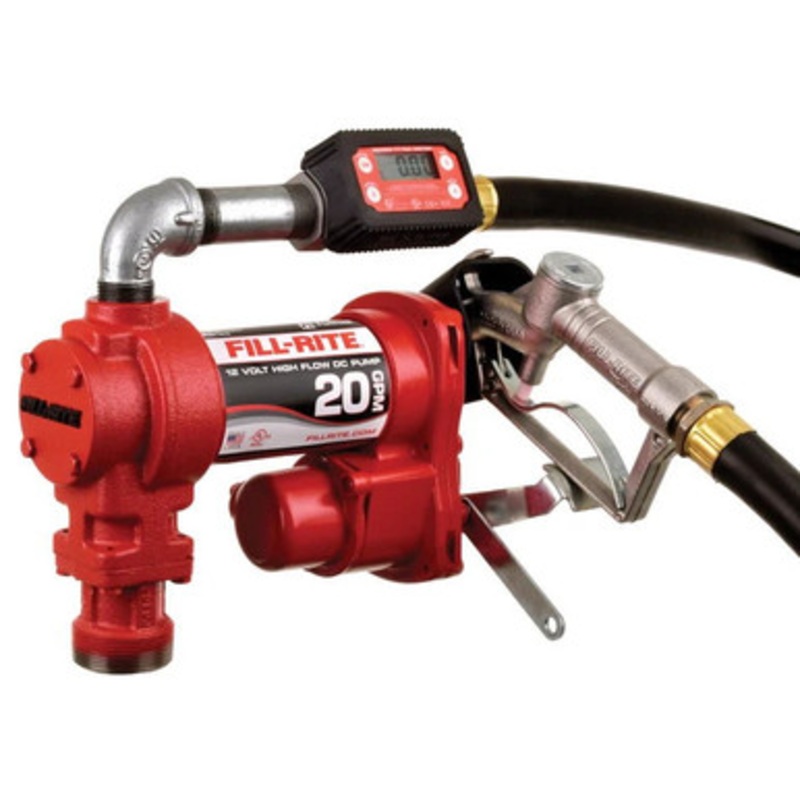 Fill-Rite FR4219H 20 GPM 12V DC High Flow Heavy-Duty Fuel Transfer Pump w/ 1” x 12′ Hose & 1” Manual Nozzle & TT10AN Digital Meter