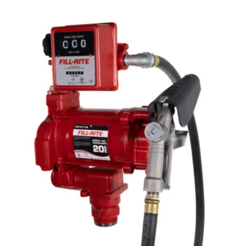 Fill-Rite FR701VGL 57 LPM 220V AC 50/60 Hz Fuel Transfer Pump w/ Discharge Hose & Manual Nozzle & 807C Mechanical Liter Meter