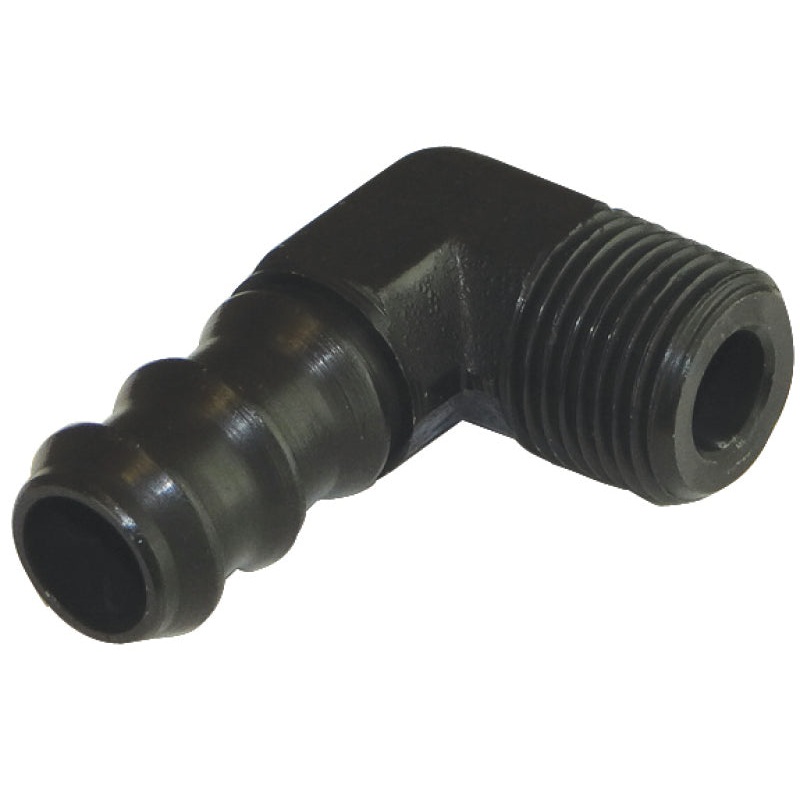 Moroso Air/Oil Separator Fuel Line Fitting – 3/8in to 1/2in Hose – 90 Degree – Black – Single