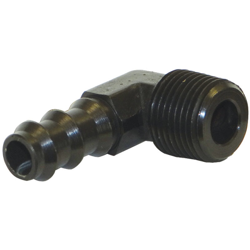 Moroso Air/Oil Separator Fuel Line Fitting – 3/8in to 3/8in Hose – 90 Degree – Black – Single