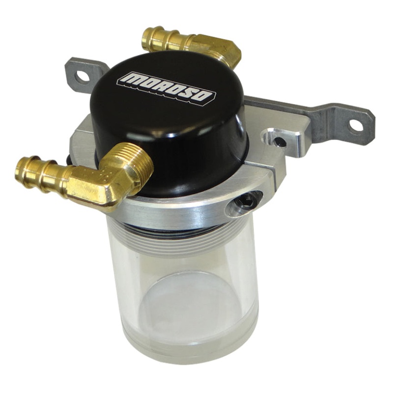 Moroso Universal Air/Oil Separator Catch Can – Small Body w/o Drain – Billet Alum – Blk/Clear Bottom